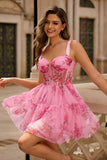 Pink Floral A-Line Spaghetti Straps Corset Short Graduation Dress