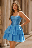 Blue Strapless Corset Tiered A-Line Short Graduation Dress