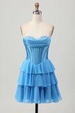 Blue Tiered Corset A Line Strapless Short Graduation Dress