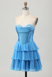 Blue Tiered Corset A Line Strapless Short Graduation Dress