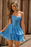 Blue Strapless Corset Tiered A-Line Short Graduation Dress