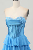 Blue Tiered Corset A Line Strapless Short Graduation Dress