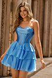 Blue Strapless Corset Tiered A-Line Short Graduation Dress