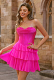 Strapless Fuchsia Corset Tiered A Line Short Graduation Dress