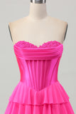 Fuchsia Strapless Corset Tiered A Line Short Graduation Dress