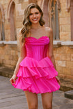 Strapless Fuchsia Corset Tiered A Line Short Graduation Dress