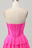 Fuchsia Strapless Corset Tiered A Line Short Graduation Dress