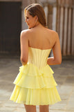 Strapless Yellow Corset A Line Tiered Short Graduation Dress