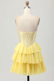 Yellow Strapless Corset A Line Tiered Graduation Dress