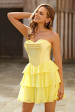 Strapless Yellow Corset A Line Tiered Short Graduation Dress