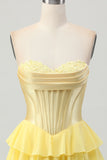 Yellow Strapless Corset A Line Tiered Graduation Dress