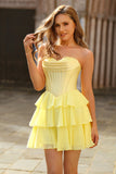 Strapless Yellow Corset A Line Tiered Short Graduation Dress