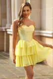 Strapless Yellow Corset A Line Tiered Short Graduation Dress