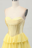 Yellow Strapless Corset A Line Tiered Graduation Dress