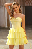 Strapless Yellow Corset A Line Tiered Short Graduation Dress