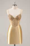 Golden Bodycon Spaghetti Straps Corset Beaded Short Graduation Dress