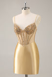 Golden Corset Bodycon Tight Beaded Short Graduation Dress