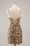 Khaki Leopard Corset Bodycon Graduation Dress with Sequins