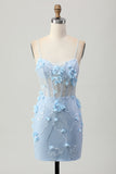 Blue Corset Sequins Floral Bodycon Graduation Dress