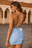 Blue Corset Sequins Floral Bodycon Graduation Dress