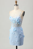Blue Bodycon Corset Sequin Graduation Dress with 3D Flowers