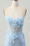Blue Bodycon Corset Sequin Graduation Dress with 3D Flowers