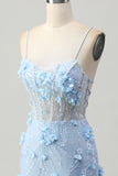 Blue Bodycon Corset Sequin Graduation Dress with 3D Flowers