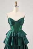 Dark Green Beaded A-line Strapless Corset Graduation Dress
