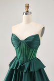 Strapless A Line Green Corset Graduation Dress with Beading