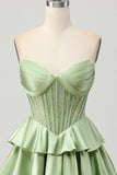 Dark Green Beaded A-line Strapless Corset Graduation Dress