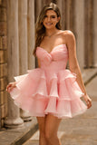 Blush A-Line Strapless Tiered Graduation Dress with 3D Flowers