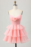 Blush A-Line Strapless Tiered Graduation Dress with 3D Flowers