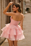 Blush A-Line Strapless Tiered Graduation Dress with 3D Flowers