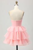 Blush A-Line Strapless Tiered Graduation Dress with 3D Flowers