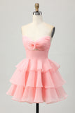 Blush A-Line Strapless Tiered Graduation Dress with 3D Flowers