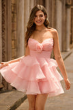 Blush A-Line Strapless Tiered Graduation Dress with 3D Flowers