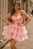 Blush A-Line Strapless Tiered Graduation Dress with 3D Flowers