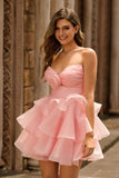 Blush A-Line Strapless Tiered Graduation Dress with 3D Flowers
