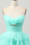 Cute A-line Strapless Cut Out Tiered Green Short Graduation Dress