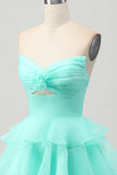 Cute A-line Strapless Cut Out Tiered Green Short Graduation Dress