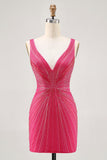 Fuchsia V-Neck Beaded Bodycon Short Graduation Dress