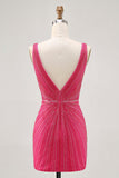 Fuchsia V-Neck Beaded Bodycon Short Graduation Dress