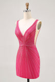 Fuchsia V-Neck Beaded Bodycon Short Graduation Dress