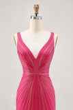 Fuchsia V-Neck Beaded Bodycon Short Graduation Dress