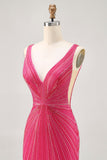 Fuchsia V-Neck Beaded Bodycon Short Graduation Dress
