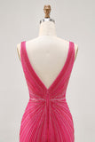 Fuchsia V-Neck Beaded Bodycon Short Graduation Dress