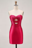 Strapless Cut Out Fuchsia Beaded Tight Graduation Dress