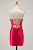 Strapless Cut Out Fuchsia Beaded Tight Graduation Dress