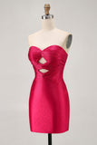 Strapless Cut Out Fuchsia Beaded Tight Graduation Dress