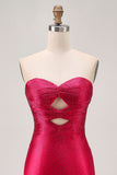 Strapless Cut Out Fuchsia Beaded Tight Graduation Dress